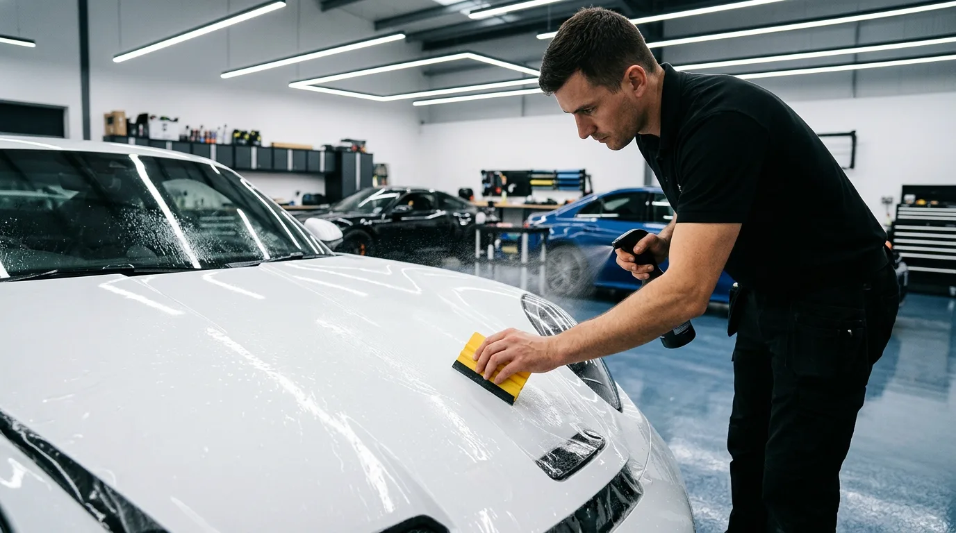 Installer applying paint protection film to a car bonnet with a squeegee